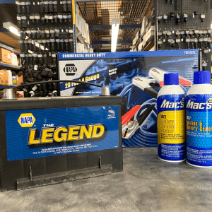 NAPA Battery Set including NAPA "The Legend" Battery, Jumper Cables, Mac's Battery Set & Terminal Cleaner